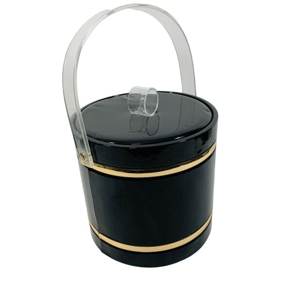 MCM Black Gold Ice Bucket Lucite Lid Handle VTG Barware Bar Cart Regency Decor - Picture 7 of 13
